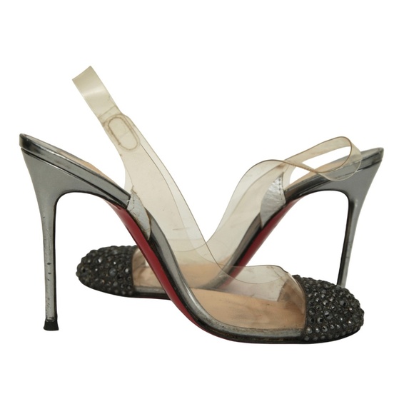 CHRISTIAN LOUBOUTIN Slingback Pumps PVC Crystals Pewter Leather Heels Cap Toe 38 - Picture 10 of 16